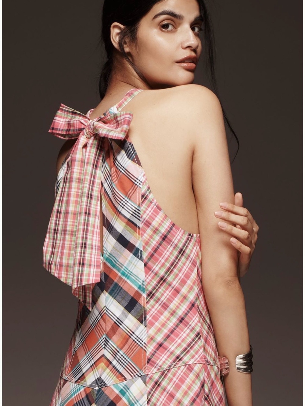 Anthropologie Pilcro Coral Pink Plaid Twist-Halter Asymmetrical Dress - Picture 3 of 6